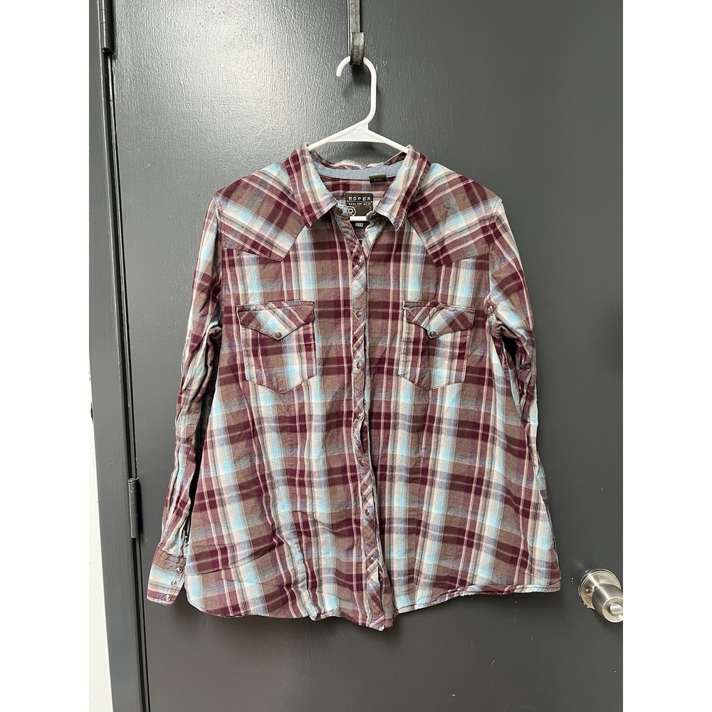 Roper Womens Purple Blue Plaid Western Square Pearl Snap Shirt Sz 1X